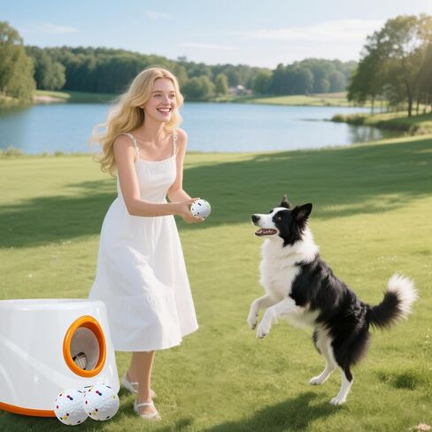 Automatic Ball Launcher for Dogs with 6pcs 2.3 Inch Etpu Tennis Balls,Thrower Distance 20-45ft,interacive Dog Toys for Indoor/Outdoor for Small Or Medium Dogs (White) (Orange) in Kuwait