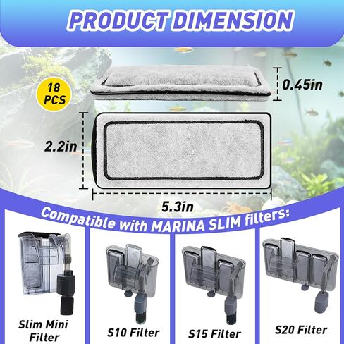 18 Pcs Fish Tank Filter Cartridges Compatible with Marina Slim Filter S10/S15/S20- Quadruple Filtration, Filter Cartridges with Carbon & Ceramic for Clean and Clear Aquarium Water in Kuwait