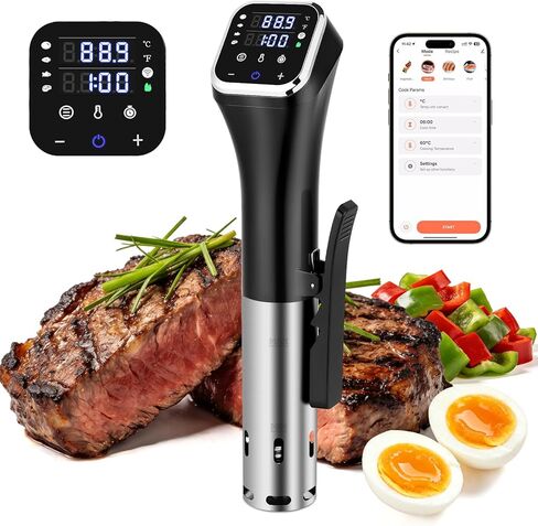 طباخ WiFi Sous Vide مطور بقدرة 2.4 جيجا بايت، ودائرة غمر دقيقة بقدرة 1100 واط مع تحكم في درجة الحرارة ±0.1 درجة فهرنهايت، ومقاومة للماء IPX7، وتشغيل هادئ، وشاشة LED و4 وسائل حماية للسلامة in Kuwait