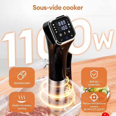 طباخ WiFi Sous Vide مطور بقدرة 2.4 جيجا بايت، ودائرة غمر دقيقة بقدرة 1100 واط مع تحكم في درجة الحرارة ±0.1 درجة فهرنهايت، ومقاومة للماء IPX7، وتشغيل هادئ، وشاشة LED و4 وسائل حماية للسلامة in Kuwait