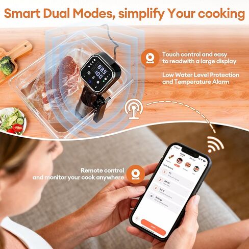 طباخ WiFi Sous Vide مطور بقدرة 2.4 جيجا بايت، ودائرة غمر دقيقة بقدرة 1100 واط مع تحكم في درجة الحرارة ±0.1 درجة فهرنهايت، ومقاومة للماء IPX7، وتشغيل هادئ، وشاشة LED و4 وسائل حماية للسلامة in Kuwait