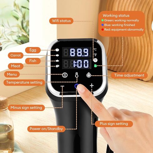 طباخ WiFi Sous Vide مطور بقدرة 2.4 جيجا بايت، ودائرة غمر دقيقة بقدرة 1100 واط مع تحكم في درجة الحرارة ±0.1 درجة فهرنهايت، ومقاومة للماء IPX7، وتشغيل هادئ، وشاشة LED و4 وسائل حماية للسلامة in Kuwait