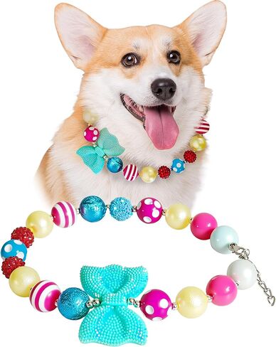 Hosiwei Princess Bubblegum Dog Collar Necklace - 19mm Chunky Beads & Sparkle Bow | Adjustable Dog Pearl Collar with Bowtie Pet Jewelry Accessories for Daily Wear, Halloween Costumes & Photoshoots in Kuwait