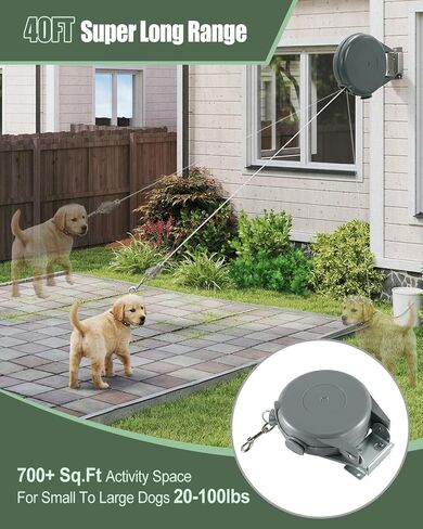 40FT Wall Mounted Retractable Dog Leash, Heavy Duty Steel Cable Dog Tether with 180° Swivel Base 360° Tangle-Free, Quick Release Wall Mount Tie Out for Yard Camping, 20-100Lbs Small to Large Dogs in Kuwait