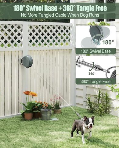 40FT Wall Mounted Retractable Dog Leash, Heavy Duty Steel Cable Dog Tether with 180° Swivel Base 360° Tangle-Free, Quick Release Wall Mount Tie Out for Yard Camping, 20-100Lbs Small to Large Dogs in Kuwait