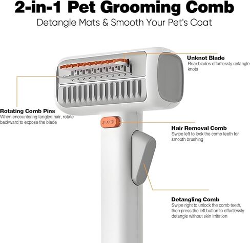 2-in-1 Pet Self-Detangling & Grooming Comb,Professional Deshedding Tool for Dogs or Cats, Gentle Undercoat Rake & Brush for Long or Short Hair, Removes Mats, Loose Fur (White*1) in Kuwait