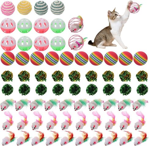 80 Pcs Cat Toys Bulk Kitten Toys Pack with Caged Rat Ball, Colorful Mice, Crinkle Balls, Rainbow Ball, Sisal & Bell Balls, Interactive Variety for Indoor Cats in Kuwait