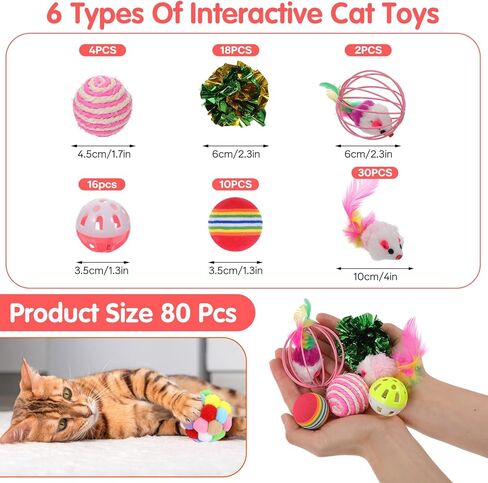 80 Pcs Cat Toys Bulk Kitten Toys Pack with Caged Rat Ball, Colorful Mice, Crinkle Balls, Rainbow Ball, Sisal & Bell Balls, Interactive Variety for Indoor Cats in Kuwait