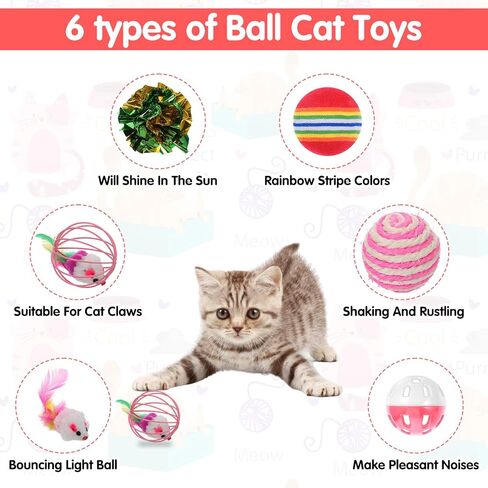 80 Pcs Cat Toys Bulk Kitten Toys Pack with Caged Rat Ball, Colorful Mice, Crinkle Balls, Rainbow Ball, Sisal & Bell Balls, Interactive Variety for Indoor Cats in Kuwait