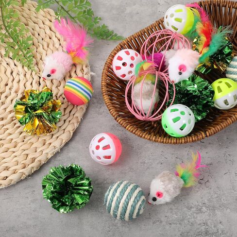 80 Pcs Cat Toys Bulk Kitten Toys Pack with Caged Rat Ball, Colorful Mice, Crinkle Balls, Rainbow Ball, Sisal & Bell Balls, Interactive Variety for Indoor Cats in Kuwait