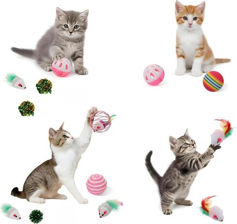 80 Pcs Cat Toys Bulk Kitten Toys Pack with Caged Rat Ball, Colorful Mice, Crinkle Balls, Rainbow Ball, Sisal & Bell Balls, Interactive Variety for Indoor Cats in Kuwait