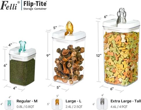 Felli Flip Tite Pet Food Container with Airtight Lids, BPA FREE Acrylic Canister with Paw Bone Fish Flip Top Handles for Cat Dog Kibble Treats Storage, Keep Fresh (Pet Collection Nest-L3pk) in Kuwait