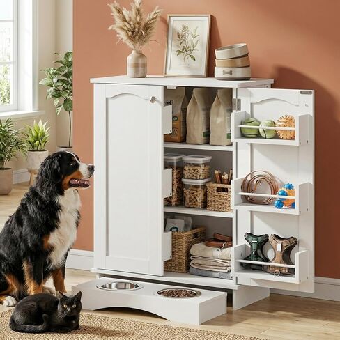 Dog Storage Cabinet with Bowls, Pet Food Storage Cabinet with Adjustable Shelves, Hidden Dog Feeding Station with Hooks, Letter Stickers, Pet Storage Organizer for Cats and Dogs, White in Kuwait