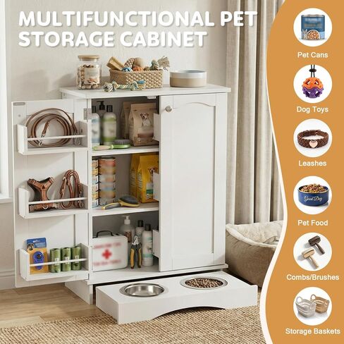 Dog Storage Cabinet with Bowls, Pet Food Storage Cabinet with Adjustable Shelves, Hidden Dog Feeding Station with Hooks, Letter Stickers, Pet Storage Organizer for Cats and Dogs, White in Kuwait