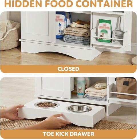 Dog Storage Cabinet with Bowls, Pet Food Storage Cabinet with Adjustable Shelves, Hidden Dog Feeding Station with Hooks, Letter Stickers, Pet Storage Organizer for Cats and Dogs, White in Kuwait