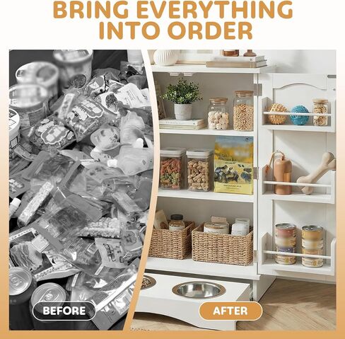 Dog Storage Cabinet with Bowls, Pet Food Storage Cabinet with Adjustable Shelves, Hidden Dog Feeding Station with Hooks, Letter Stickers, Pet Storage Organizer for Cats and Dogs, White in Kuwait