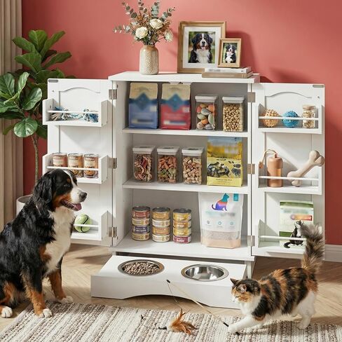 Dog Storage Cabinet with Bowls, Pet Food Storage Cabinet with Adjustable Shelves, Hidden Dog Feeding Station with Hooks, Letter Stickers, Pet Storage Organizer for Cats and Dogs, White in Kuwait