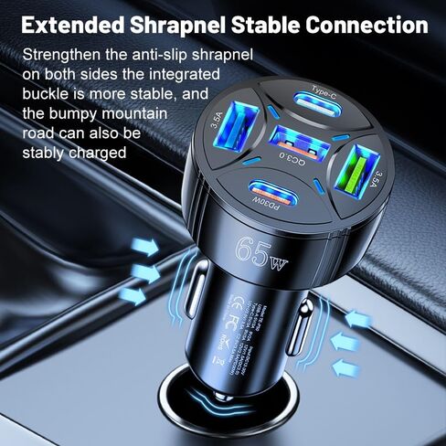 محول USB لشاحن السيارة 65 وات، 5 منافذ، نوع C PD30W & QC3.0 شاحن USB ولاعة سجائر السيارة سريع الشحن لهواتف iPhone/Android/Samsung/iPad Pro، والمزيد (أسود) in Saudi Arabia
