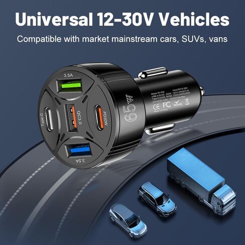 محول USB لشاحن السيارة 65 وات، 5 منافذ، نوع C PD30W & QC3.0 شاحن USB ولاعة سجائر السيارة سريع الشحن لهواتف iPhone/Android/Samsung/iPad Pro، والمزيد (أسود) in Saudi Arabia