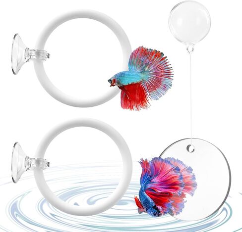 Betta Fish Tank Accessories, 2 Pcs Betta Exercise Ring and Bettas Mirror with Floating Ball, Plastic Bettas Fish Toys for Enrichment Aquarium, Fish Training & Play in Kuwait
