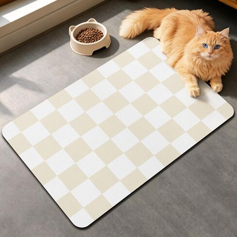 Absorbent Checkered Dog Food Mat, Leakproof Quick-Dry Pet Feeding Mat Cat Food Mat 12" x 19" Beige for Food & Water Bowls, Easy-Clean Pet Bowl Mat for Dogs & Cats, Kitchen, Home or RV Use in Kuwait