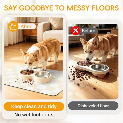 Absorbent Checkered Dog Food Mat, Leakproof Quick-Dry Pet Feeding Mat Cat Food Mat 12" x 19" Beige for Food & Water Bowls, Easy-Clean Pet Bowl Mat for Dogs & Cats, Kitchen, Home or RV Use in Kuwait