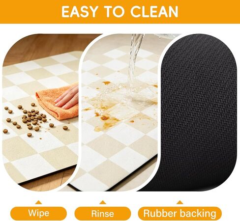 Absorbent Checkered Dog Food Mat, Leakproof Quick-Dry Pet Feeding Mat Cat Food Mat 12" x 19" Beige for Food & Water Bowls, Easy-Clean Pet Bowl Mat for Dogs & Cats, Kitchen, Home or RV Use in Kuwait