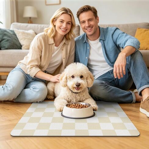 Absorbent Checkered Dog Food Mat, Leakproof Quick-Dry Pet Feeding Mat Cat Food Mat 12" x 19" Beige for Food & Water Bowls, Easy-Clean Pet Bowl Mat for Dogs & Cats, Kitchen, Home or RV Use in Kuwait