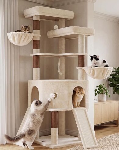 Cat Tree, 68-Inch Heavy Duty Cat Tower with 2 Extra Large Top Platforms, Diamond-Shaped Spacious Condo for Large Cats, Cat Furniture with 2 Baskets & 2 Sisal Scratchers, Beige VCT011MJ in Kuwait