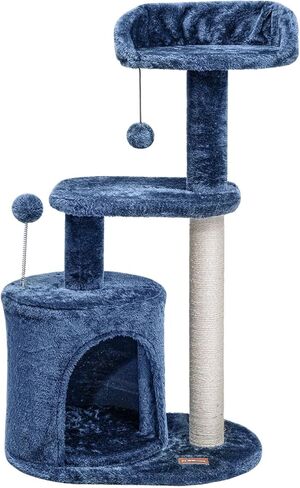 ClevaHome 33.5" Small Cat Tree Tower for Indoor Cats, Modern Kitten Condo with Sisal Scratching Post and Hanging Ball for Play, Denim Blue in Kuwait