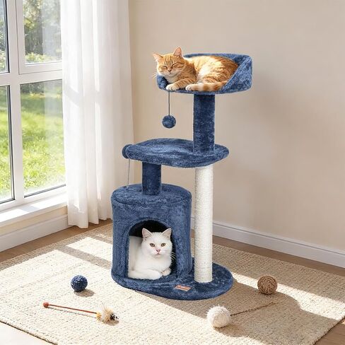 ClevaHome 33.5" Small Cat Tree Tower for Indoor Cats, Modern Kitten Condo with Sisal Scratching Post and Hanging Ball for Play, Denim Blue in Kuwait