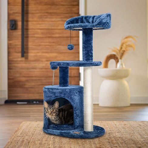 ClevaHome 33.5" Small Cat Tree Tower for Indoor Cats, Modern Kitten Condo with Sisal Scratching Post and Hanging Ball for Play, Denim Blue in Kuwait