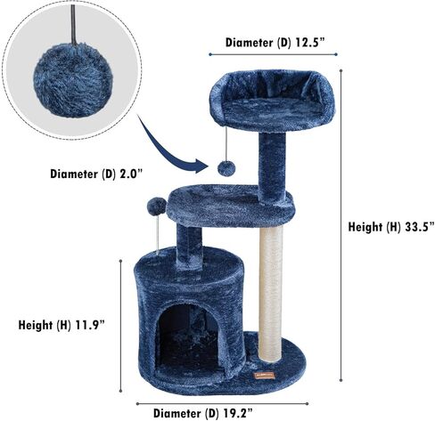 ClevaHome 33.5" Small Cat Tree Tower for Indoor Cats, Modern Kitten Condo with Sisal Scratching Post and Hanging Ball for Play, Denim Blue in Kuwait