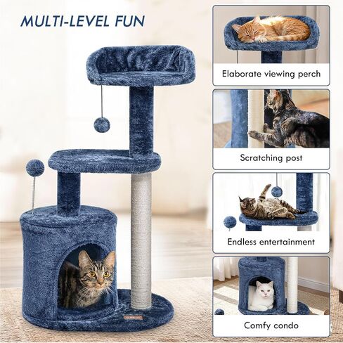 ClevaHome 33.5" Small Cat Tree Tower for Indoor Cats, Modern Kitten Condo with Sisal Scratching Post and Hanging Ball for Play, Denim Blue in Kuwait