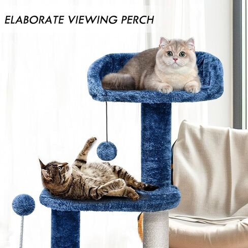 ClevaHome 33.5" Small Cat Tree Tower for Indoor Cats, Modern Kitten Condo with Sisal Scratching Post and Hanging Ball for Play, Denim Blue in Kuwait