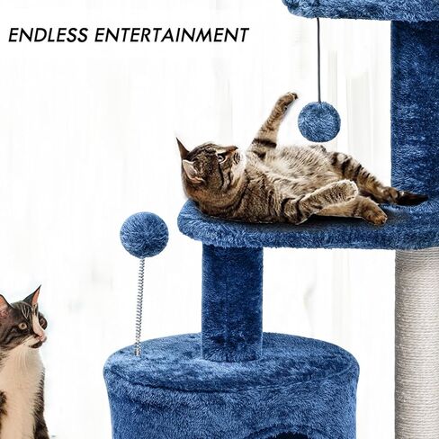 ClevaHome 33.5" Small Cat Tree Tower for Indoor Cats, Modern Kitten Condo with Sisal Scratching Post and Hanging Ball for Play, Denim Blue in Kuwait
