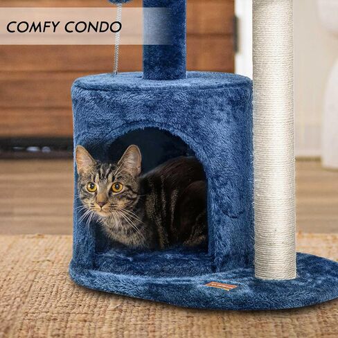 ClevaHome 33.5" Small Cat Tree Tower for Indoor Cats, Modern Kitten Condo with Sisal Scratching Post and Hanging Ball for Play, Denim Blue in Kuwait