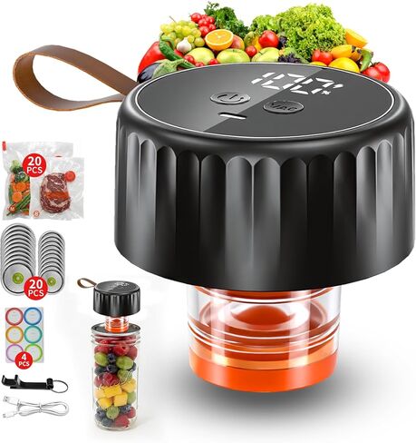 Electric Mason Jar Vacuum Sealer Kit for Food with Visible Water Tank, 65KPA Powerful Suction Handheld Portable Vacuum Sealer Machine, Includes 20 Lids, 24 Labels, 20 vacuum bags, Black in Kuwait