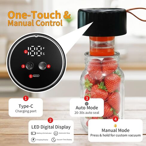 Electric Mason Jar Vacuum Sealer Kit for Food with Visible Water Tank, 65KPA Powerful Suction Handheld Portable Vacuum Sealer Machine, Includes 20 Lids, 24 Labels, 20 vacuum bags, Black in Kuwait