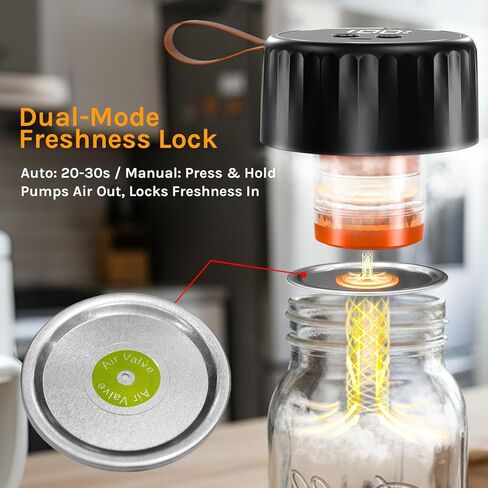 Electric Mason Jar Vacuum Sealer Kit for Food with Visible Water Tank, 65KPA Powerful Suction Handheld Portable Vacuum Sealer Machine, Includes 20 Lids, 24 Labels, 20 vacuum bags, Black in Kuwait