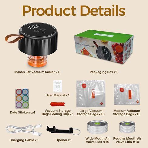 Electric Mason Jar Vacuum Sealer Kit for Food with Visible Water Tank, 65KPA Powerful Suction Handheld Portable Vacuum Sealer Machine, Includes 20 Lids, 24 Labels, 20 vacuum bags, Black in Kuwait