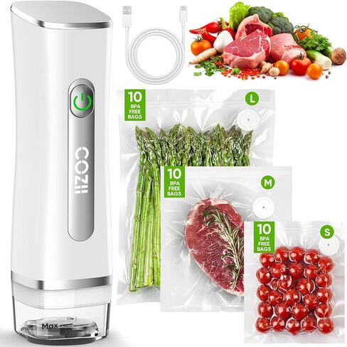 COZII Vacuum Sealer for Food, Powerful Handheld Vacuum Sealer with 30 Reusable Bags, Rechargeable Design with Visible Detachable Tank, Portable Food Saver for Kitchen Camping Travel and Meal Prep in Kuwait