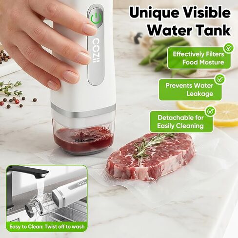 COZII Vacuum Sealer for Food, Powerful Handheld Vacuum Sealer with 30 Reusable Bags, Rechargeable Design with Visible Detachable Tank, Portable Food Saver for Kitchen Camping Travel and Meal Prep in Kuwait