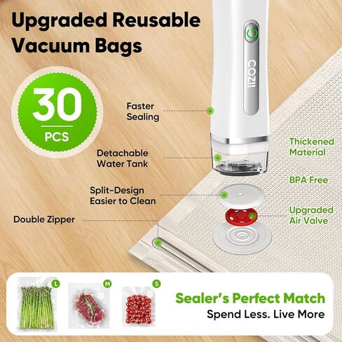 COZII Vacuum Sealer for Food, Powerful Handheld Vacuum Sealer with 30 Reusable Bags, Rechargeable Design with Visible Detachable Tank, Portable Food Saver for Kitchen Camping Travel and Meal Prep in Kuwait