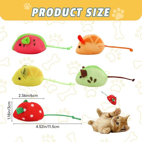 Andiker 5 Pcs Cat Mouse Toys, Soft Cat Plush Toy with Fruit Pattern Interactive Cat Toys for Indoor Cats and Kittens to Bite Chew Scratch in Kuwait
