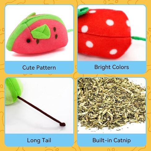 Andiker 5 Pcs Cat Mouse Toys, Soft Cat Plush Toy with Fruit Pattern Interactive Cat Toys for Indoor Cats and Kittens to Bite Chew Scratch in Kuwait