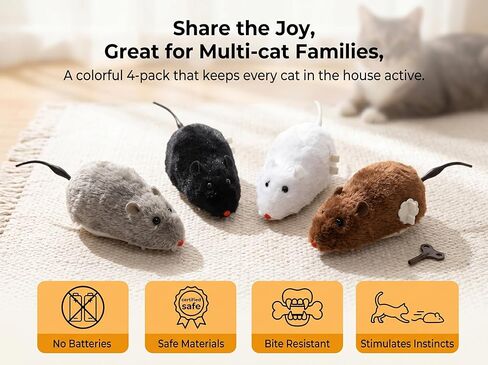 ​4 Pcs Wind Up Cat Toy Mouse - Self-Moving Furry Mice with Realistic Tails, Interactive Chase Toys for Indoor Cats & Kittens, Exercise Mice for Boredom Busting​ in Kuwait