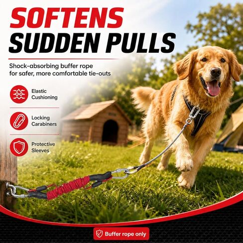 Heavy Duty Dog Tie-Out Bungee Cord, Shock Absorbing Elastic Buffer Extension with Dual Locking Carabiners, Red Stretch Leash for Outdoor Stake, Yard, Camping & Large Dogs in Kuwait