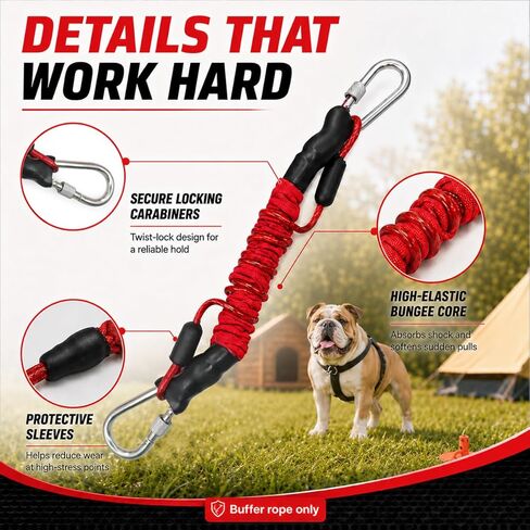 Heavy Duty Dog Tie-Out Bungee Cord, Shock Absorbing Elastic Buffer Extension with Dual Locking Carabiners, Red Stretch Leash for Outdoor Stake, Yard, Camping & Large Dogs in Kuwait