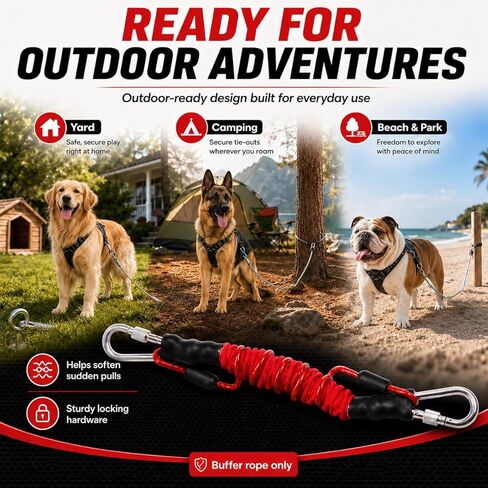 Heavy Duty Dog Tie-Out Bungee Cord, Shock Absorbing Elastic Buffer Extension with Dual Locking Carabiners, Red Stretch Leash for Outdoor Stake, Yard, Camping & Large Dogs in Kuwait